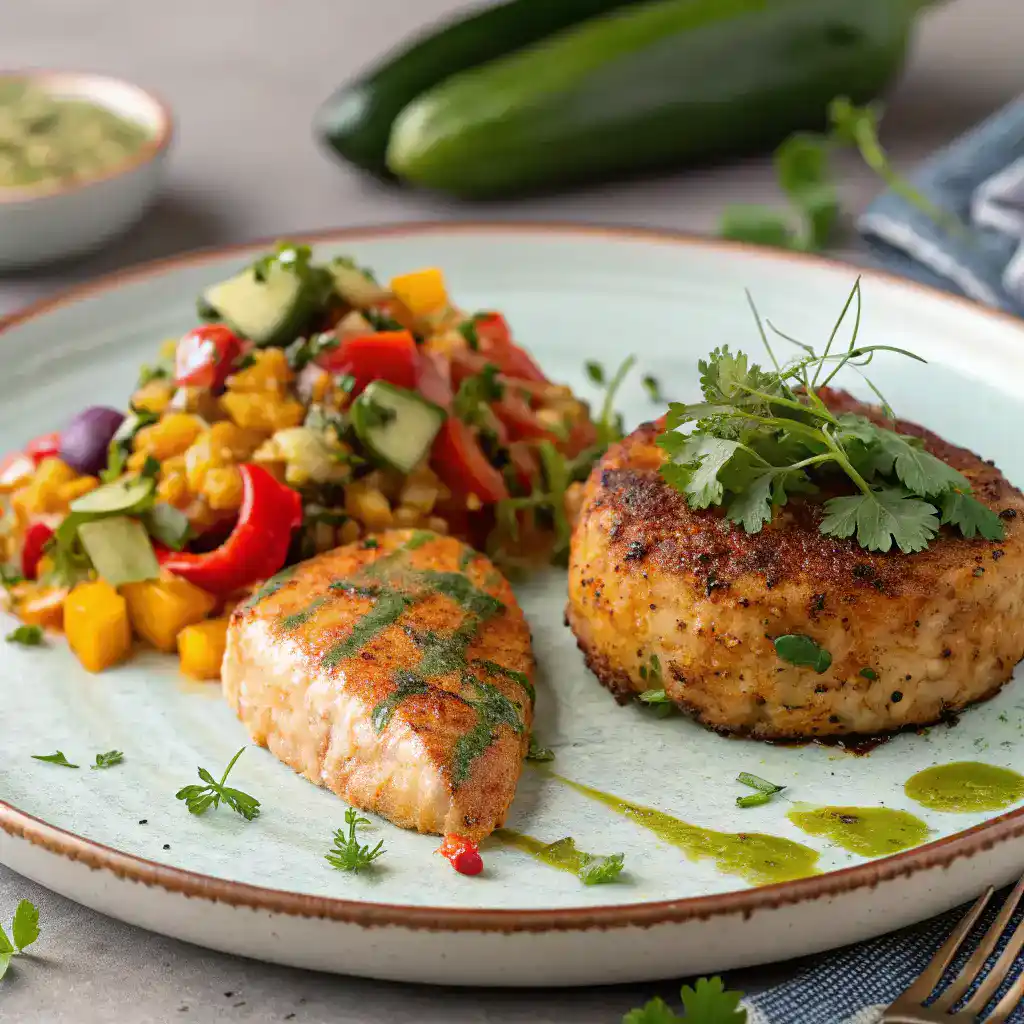 A deliciously plated airfryer protein dish with vibrant vegetables.