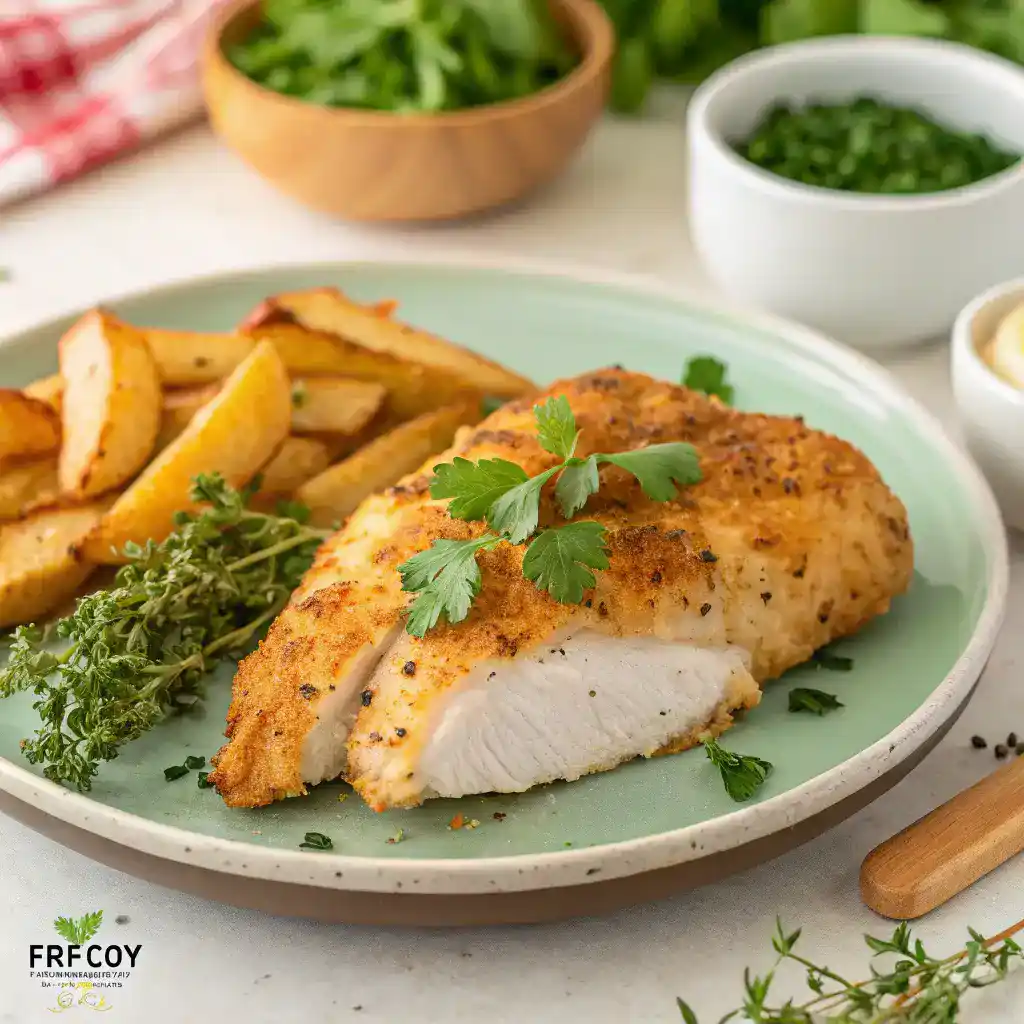 Deliciously cooked Easy Air Fryer Frozen Chicken Breast served with sides.