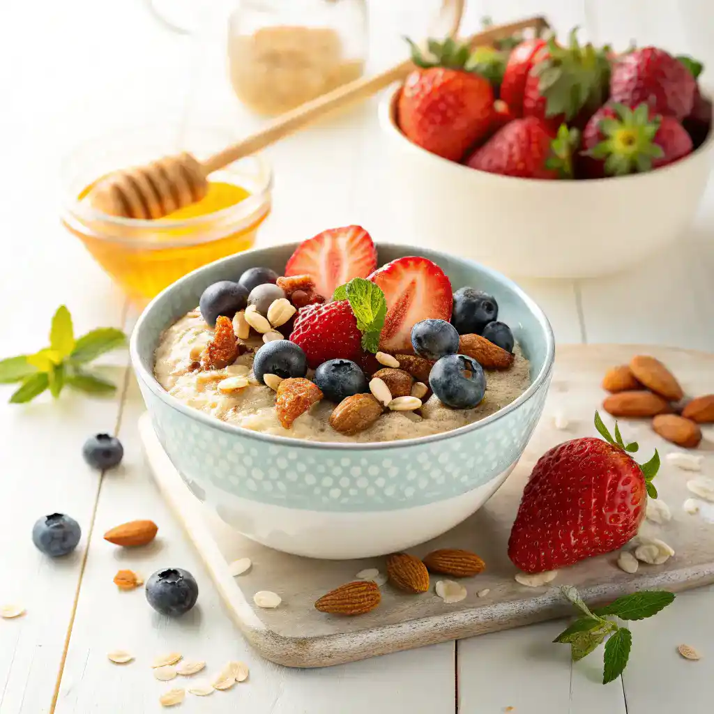 A bowl of weight loss overnight oats topped with fresh berries, nuts, and honey.