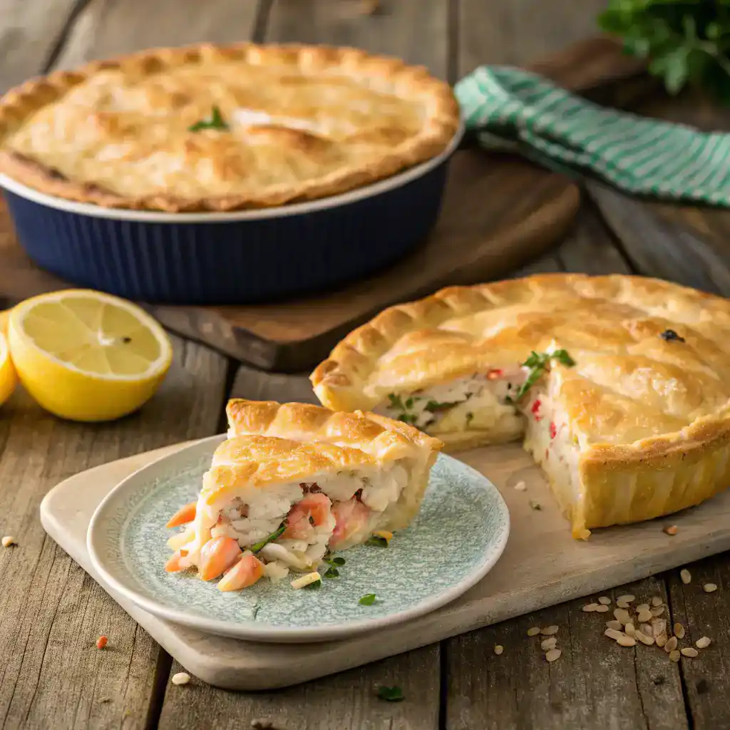A freshly baked seafood pie served with lemon wedges.