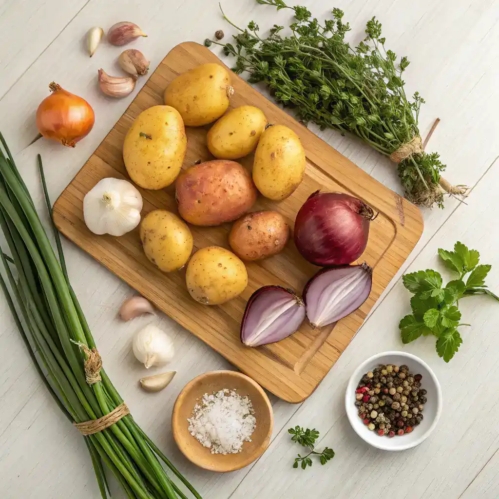 Flat lay of fresh ingredients for smothered potatoes on a wooden cutting board.