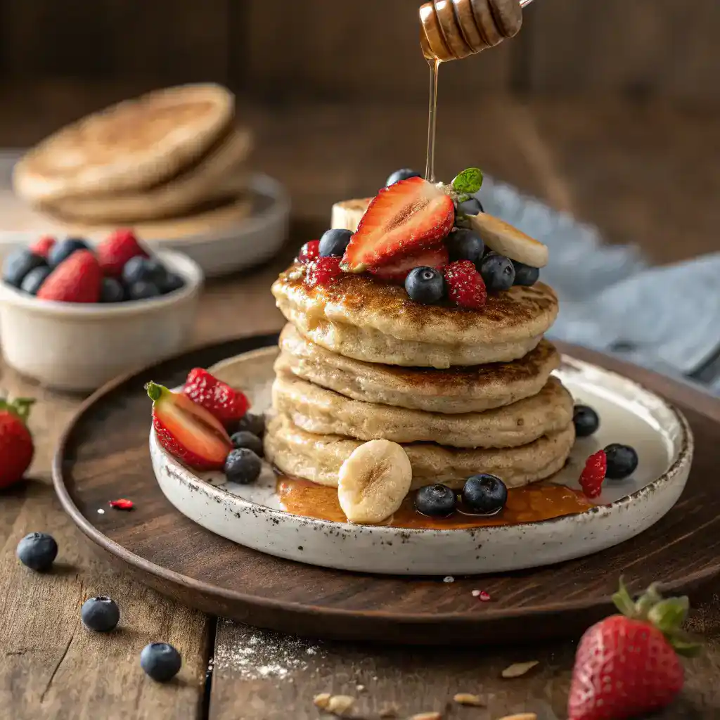 Delicious stack of healthy banana oatmeal pancakes topped with berries and honey.