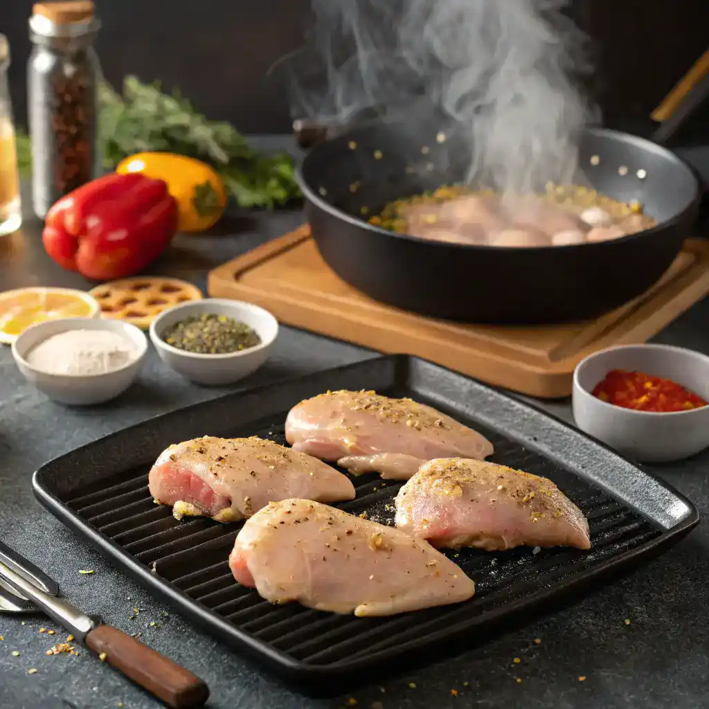 How to Make Blackstone Chicken Preparation of Blackstone chicken with marinated pieces on a griddle.