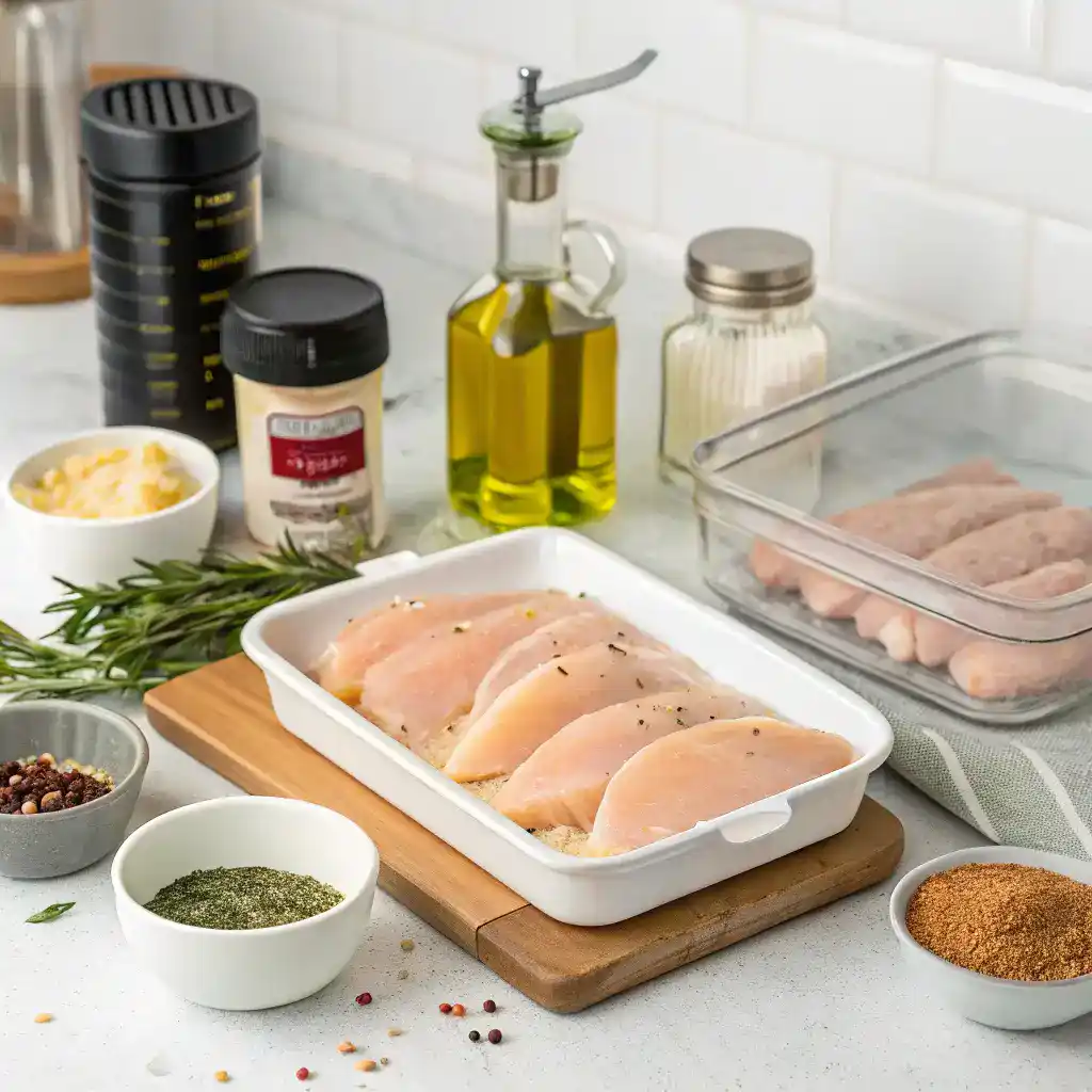 Ingredients and steps for making Easy Air Fryer Frozen Chicken Breast.