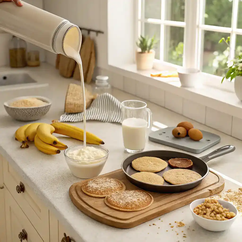 Step-by-step process of making healthy banana oatmeal pancakes with ingredients displayed.