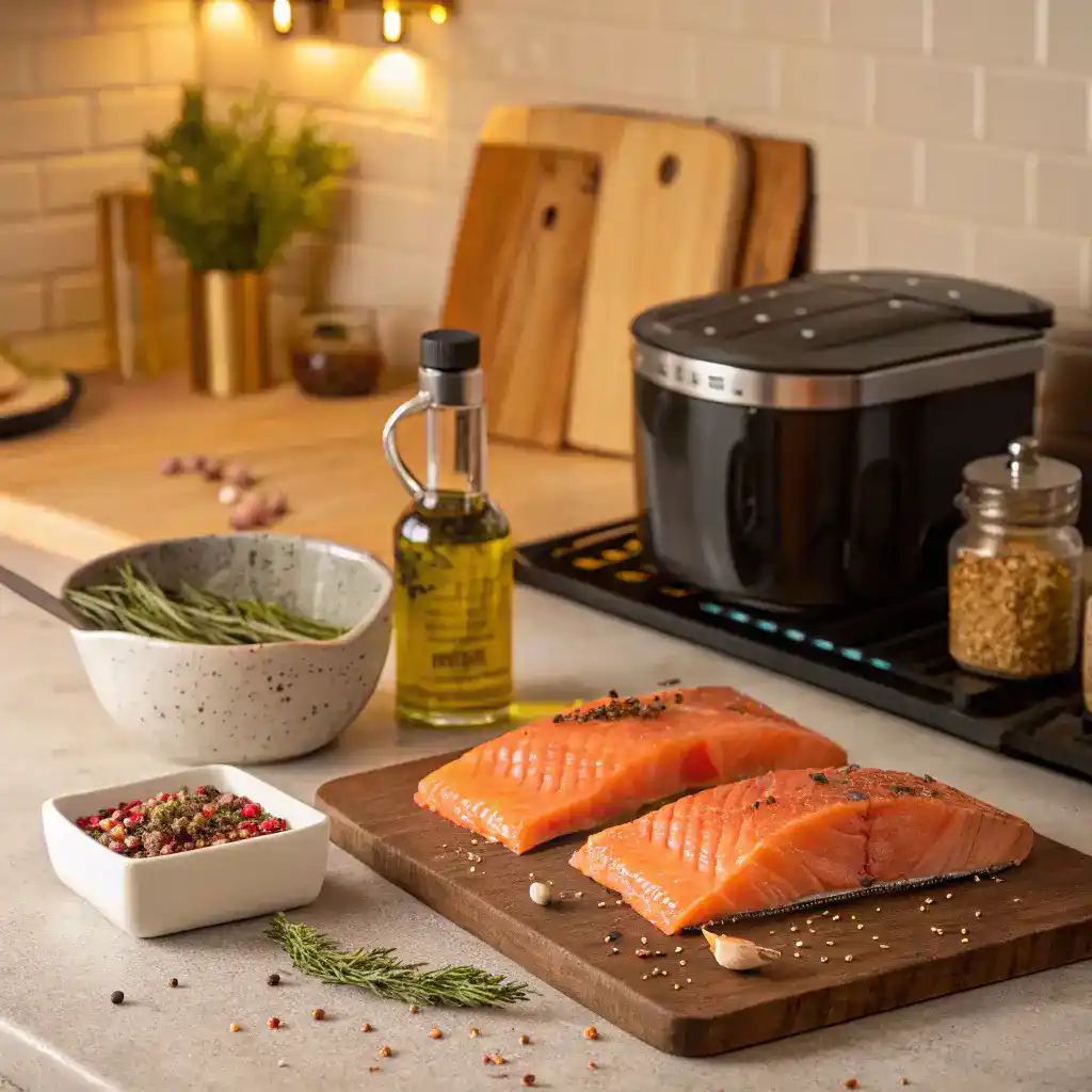 Step-by-step process of making Perfect Air Fryer Frozen Salmon with ingredients laid out.