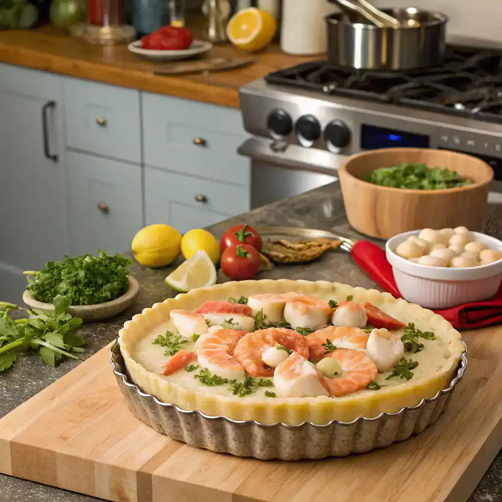 A seafood pie being prepared with fresh ingredients in a bright kitchen.