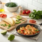 A variety of spices ideal for shrimp tacos displayed with fresh shrimp.
