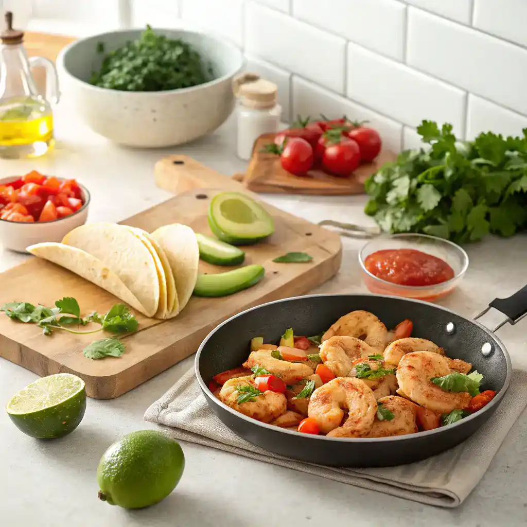 A variety of spices ideal for shrimp tacos displayed with fresh shrimp.