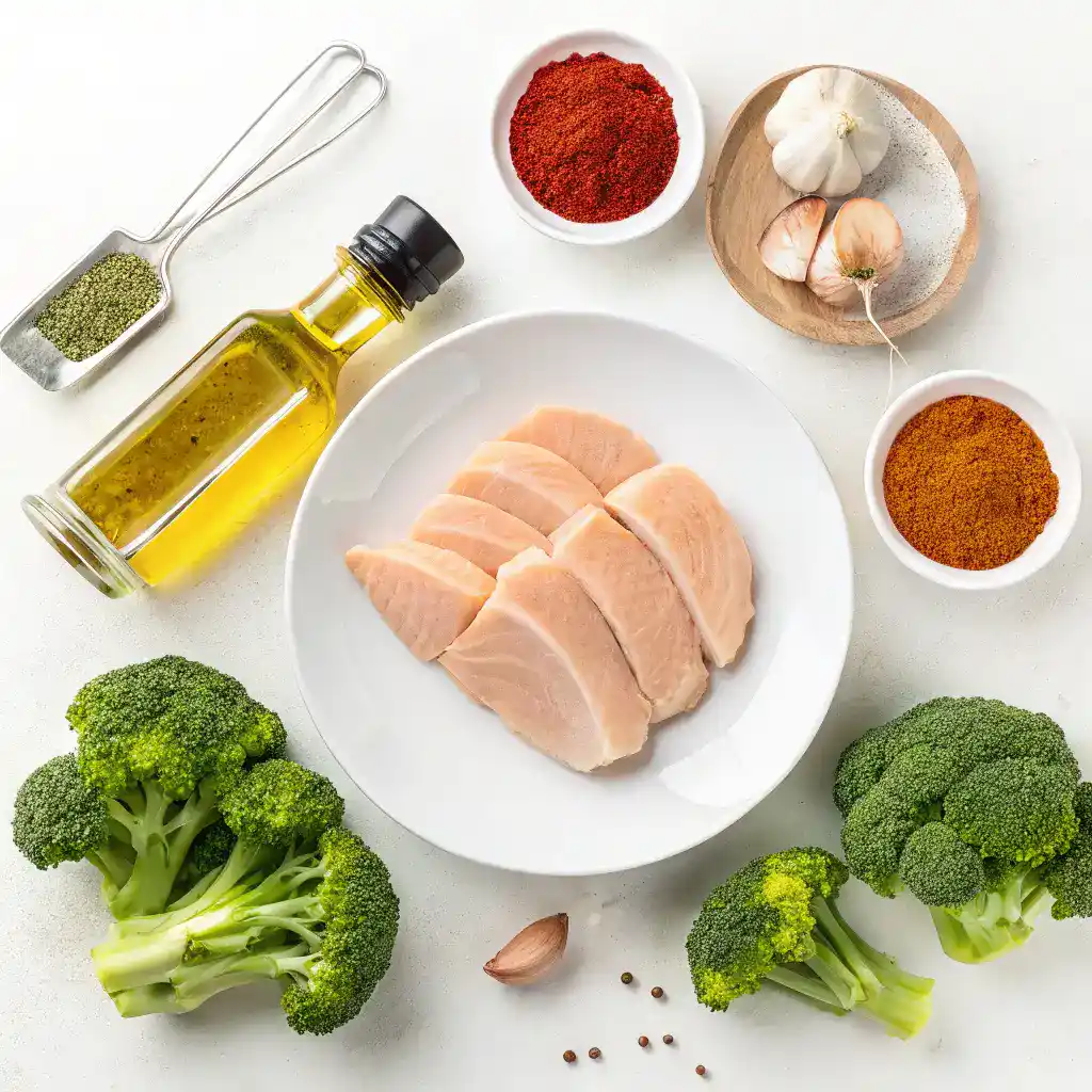 Ingredients for airfryer protein dish including chicken, spices, and vegetables.