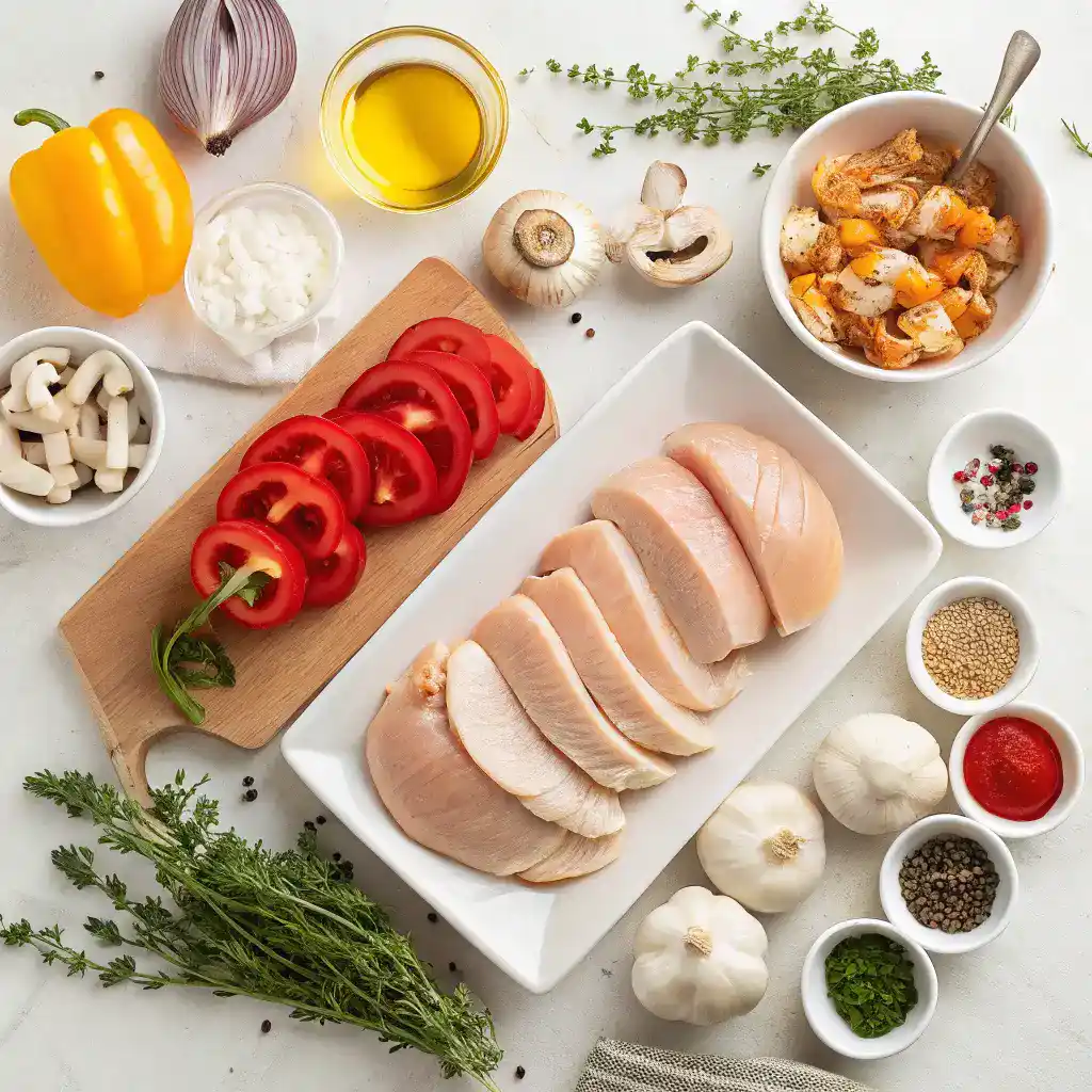 Ingredients for Blackstone Chicken Preparation of Blackstone chicken with marinated pieces on a griddle.
