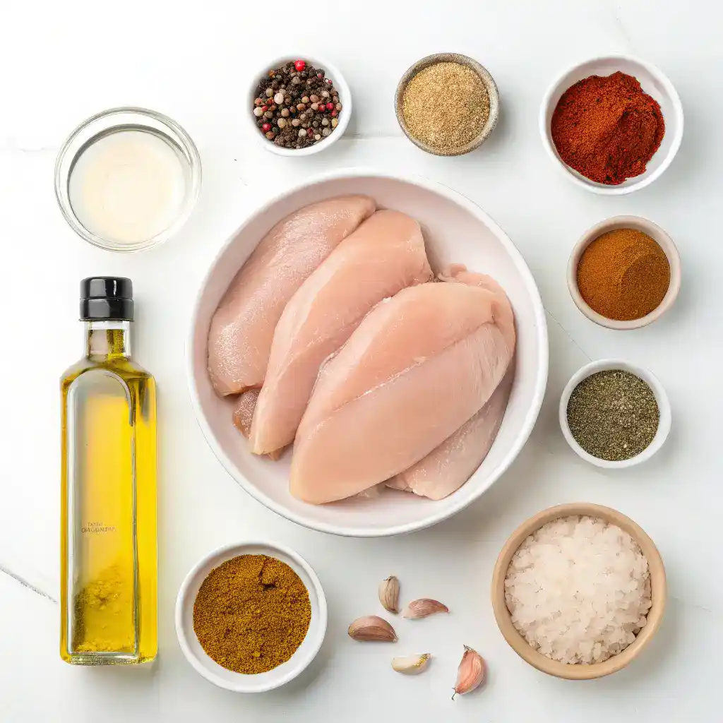 Ingredients for Easy Air Fryer Frozen Chicken Breast displayed on a kitchen counter.