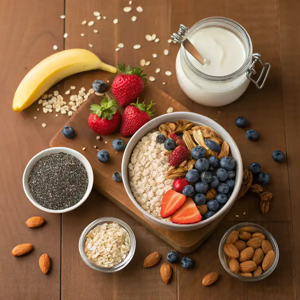 Ingredients for weight loss overnight oats, including rolled oats, chia seeds, Greek yogurt, almond milk, honey, fresh fruits, and nuts.