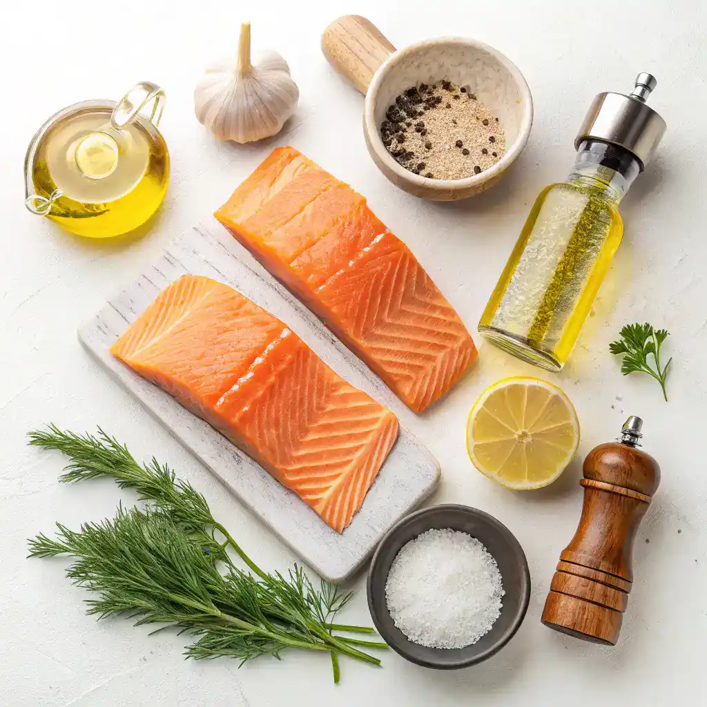 Ingredients for Perfect Air Fryer Frozen Salmon displayed on a wooden kitchen counter.