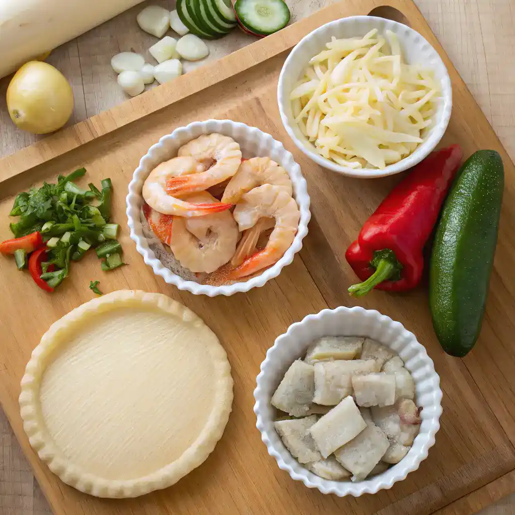 Ingredients for seafood pies displayed on a wooden countertop.