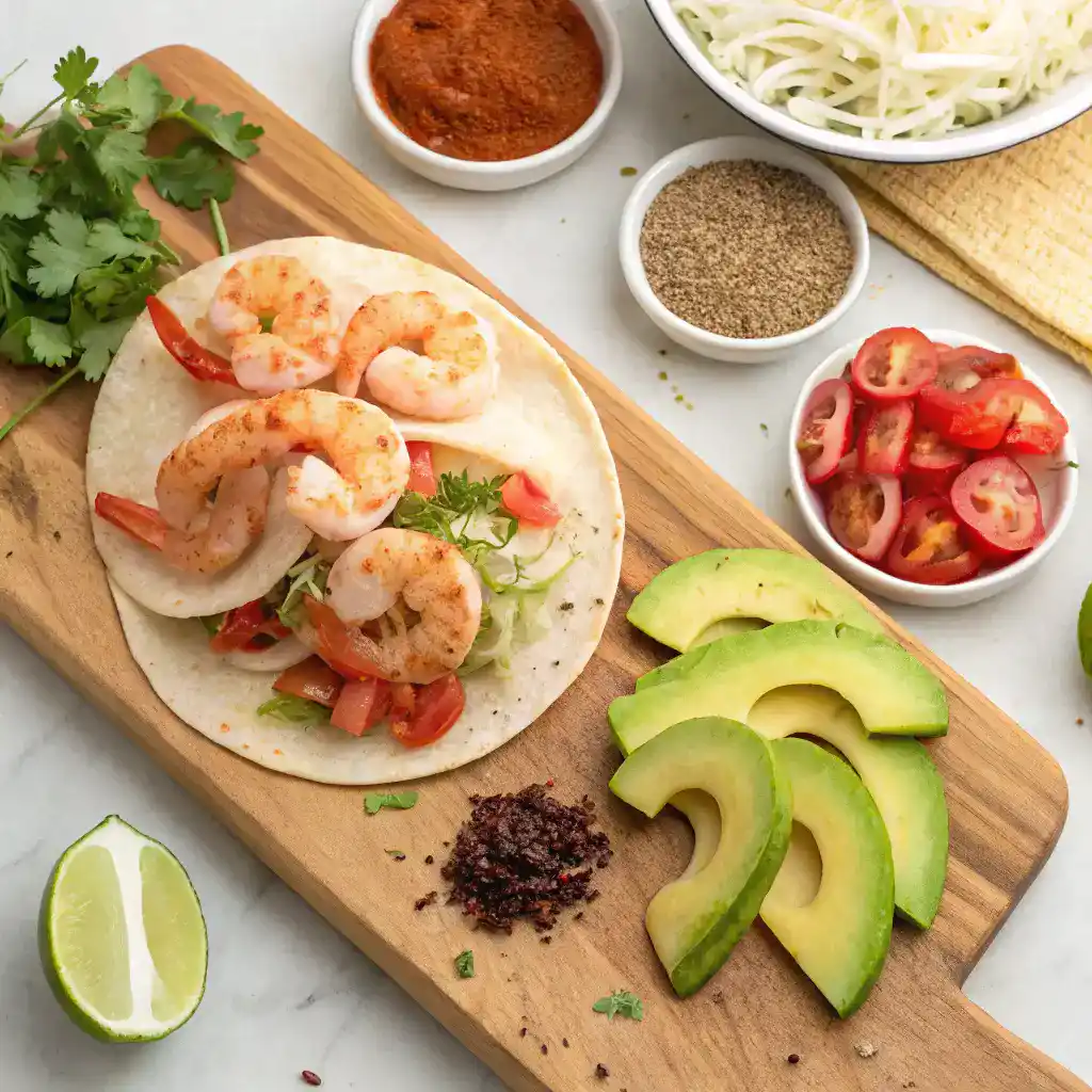 Ingredients for shrimp tacos including shrimp, spices, and fresh toppings on a cutting board.