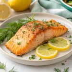 Perfectly cooked air fryer frozen salmon fillet garnished with lemon and herbs.