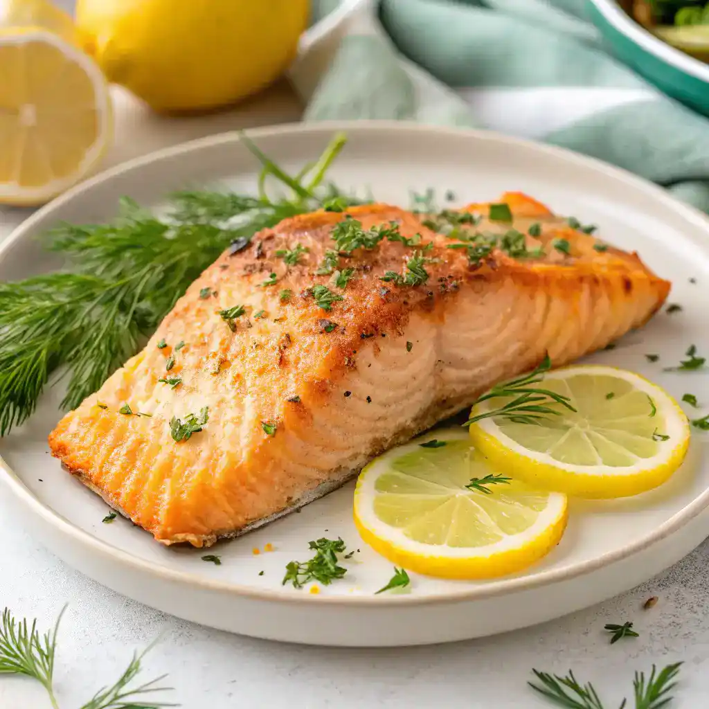 Perfectly cooked air fryer frozen salmon fillet garnished with lemon and herbs.