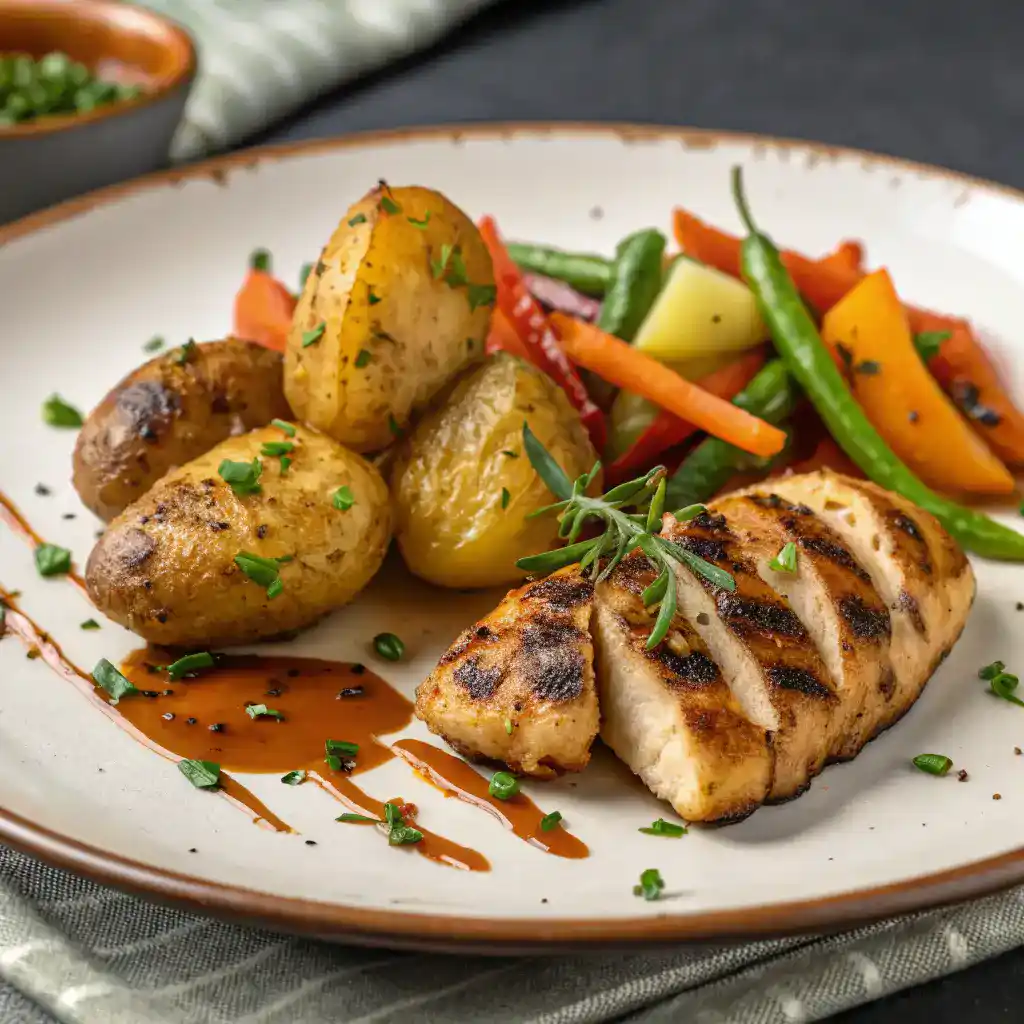 Plated smothered potatoes with grilled chicken and vegetables on a stylish dinner plate.