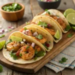 Delicious shrimp tacos garnished with cilantro and lime.