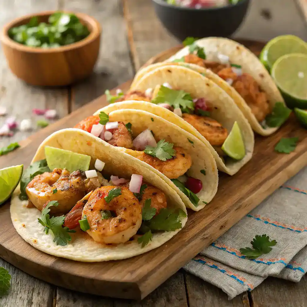 Delicious shrimp tacos garnished with cilantro and lime.