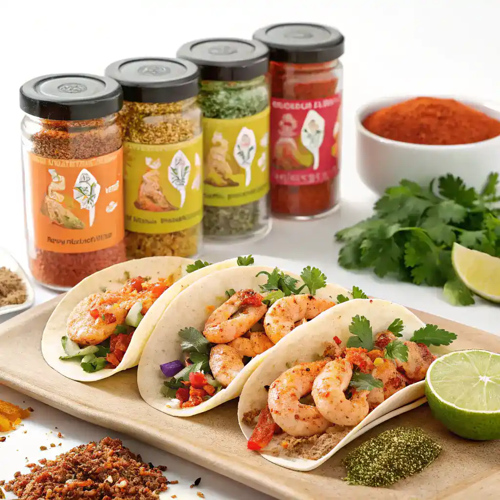 A variety of spices ideal for shrimp tacos displayed with fresh shrimp.