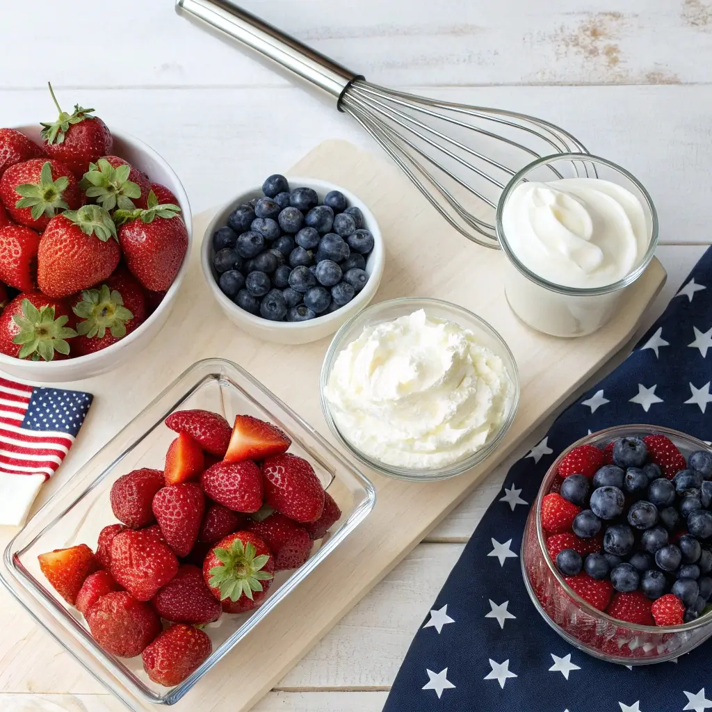 Fresh ingredients for a good dessert for the 4th of July, including strawberries, blueberries, and whipped cream.