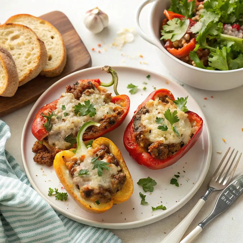 Golden-brown sausage stuffed peppers in a white baking dish