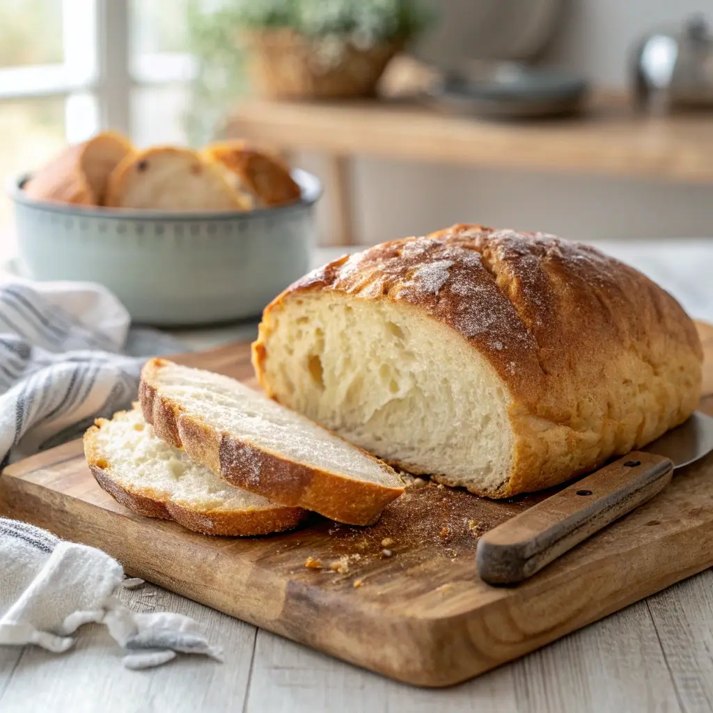 Golden crusty air fryer no-knead bread loaf sliced on a wooden board, showing soft, airy crumb.