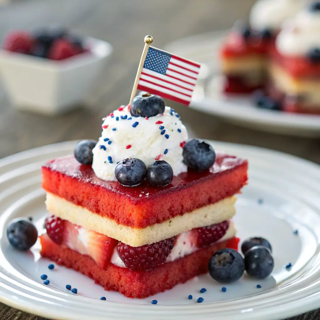 A beautifully plated individual 4th of July berry trifle, a perfect good dessert for the 4th of July.