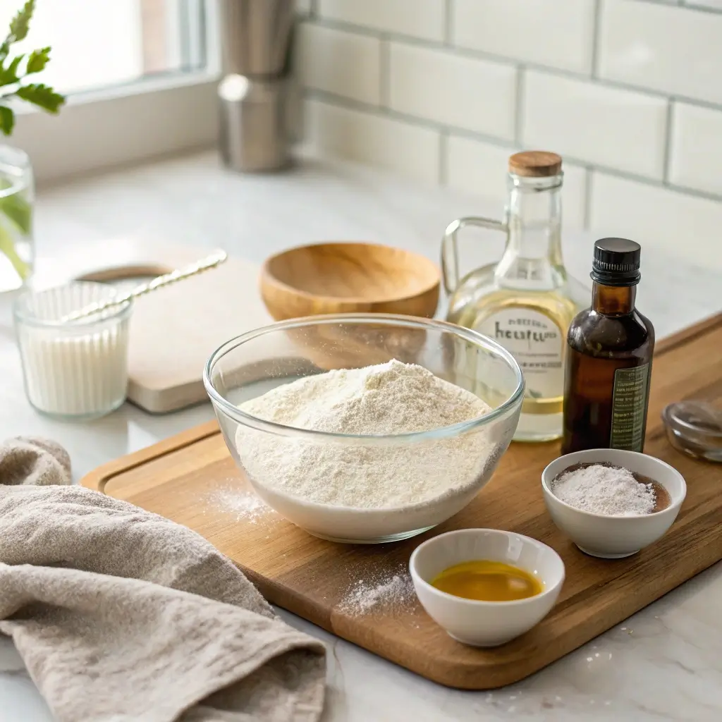 Ingredients for Air Fryer No-Knead Bread on a kitchen countertop including flour, yeast, salt, sugar, water, and olive oil.