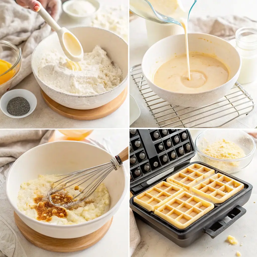 Step-by-step images showing how to make buttermilk waffles.