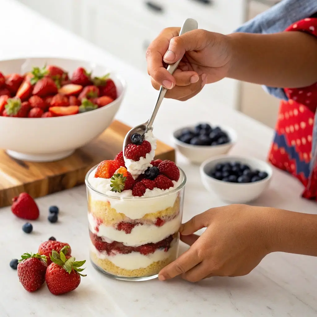 Hands assembling a layered 4th of July berry parfait, showcasing step-by-step preparation for a good dessert.