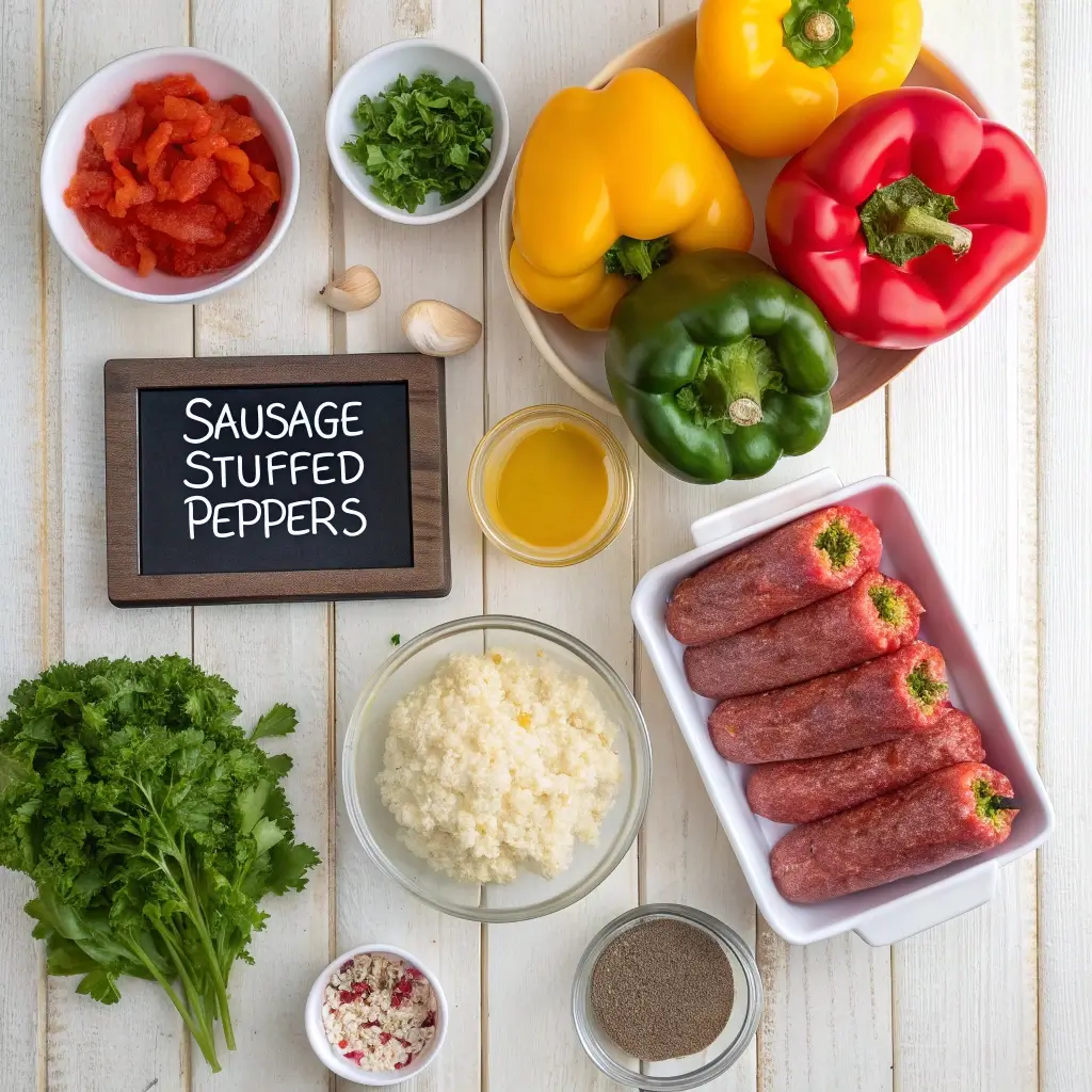  Ingredients for sausage stuffed peppers laid out on a table