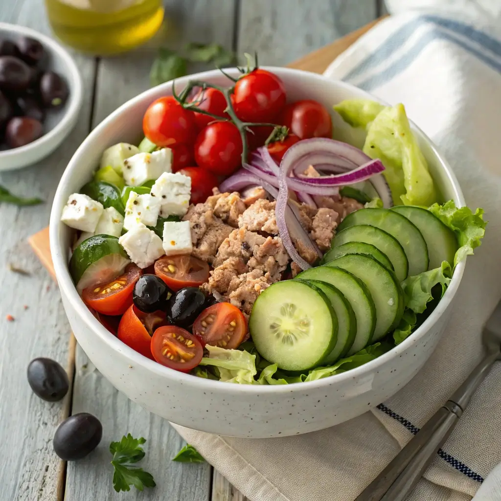 Mediterranean tuna salad in a white bowl with fresh vegetables