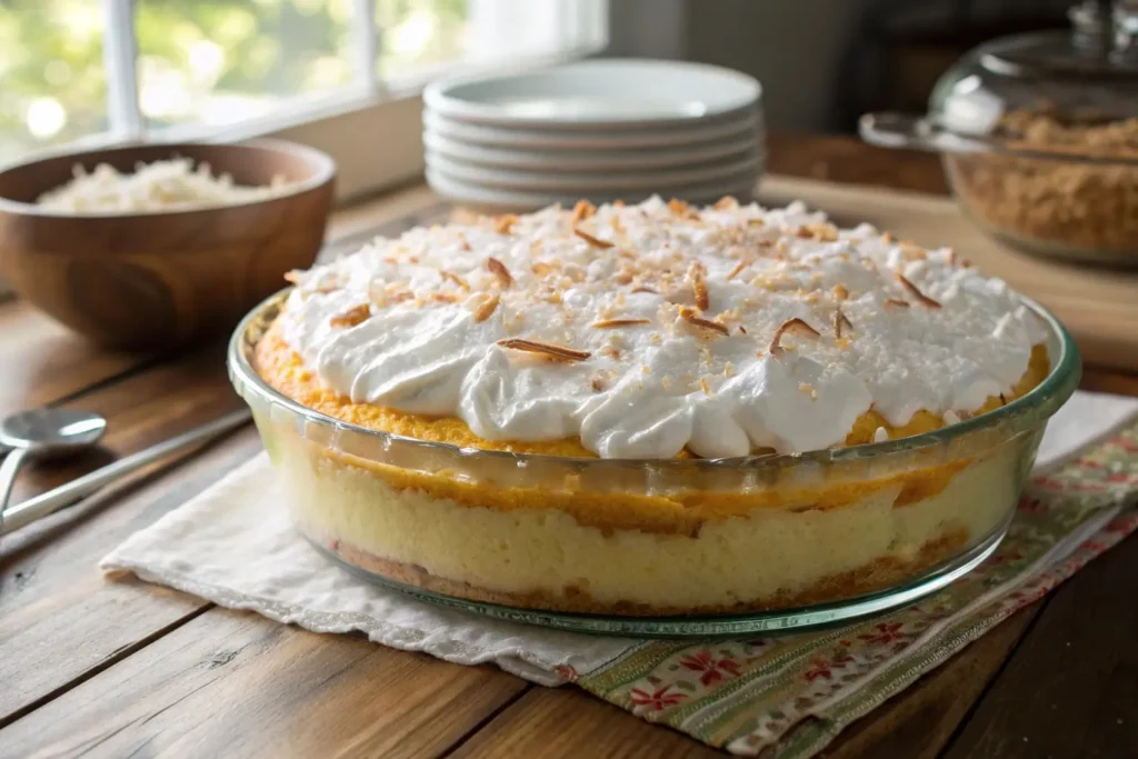 Freshly baked Coconut Cloud Cake in dish