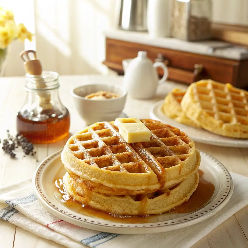 Stack of golden buttermilk waffles with butter and maple syrup.
