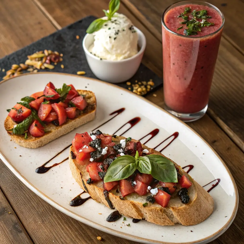 Served bruschetta with wine