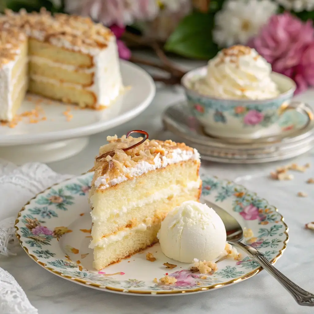 Slice of Coconut Cloud Cake with ice cream