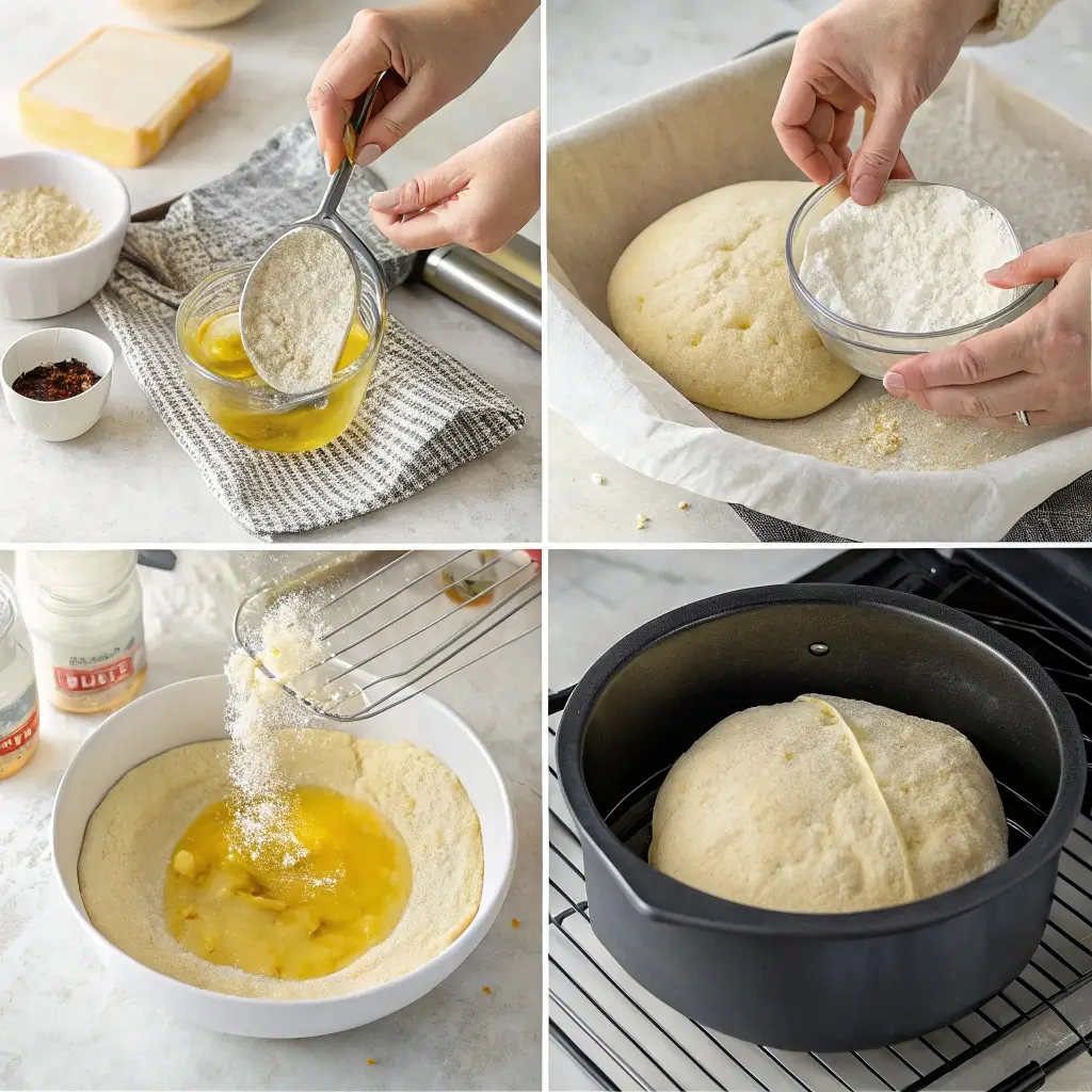 Step-by-step images showing how to make air fryer no-knead bread: mixing dry ingredients, adding water and olive oil, dough rising, shaping dough, placing in air fryer basket, air frying, removing golden bread, and cooling on a wire rack