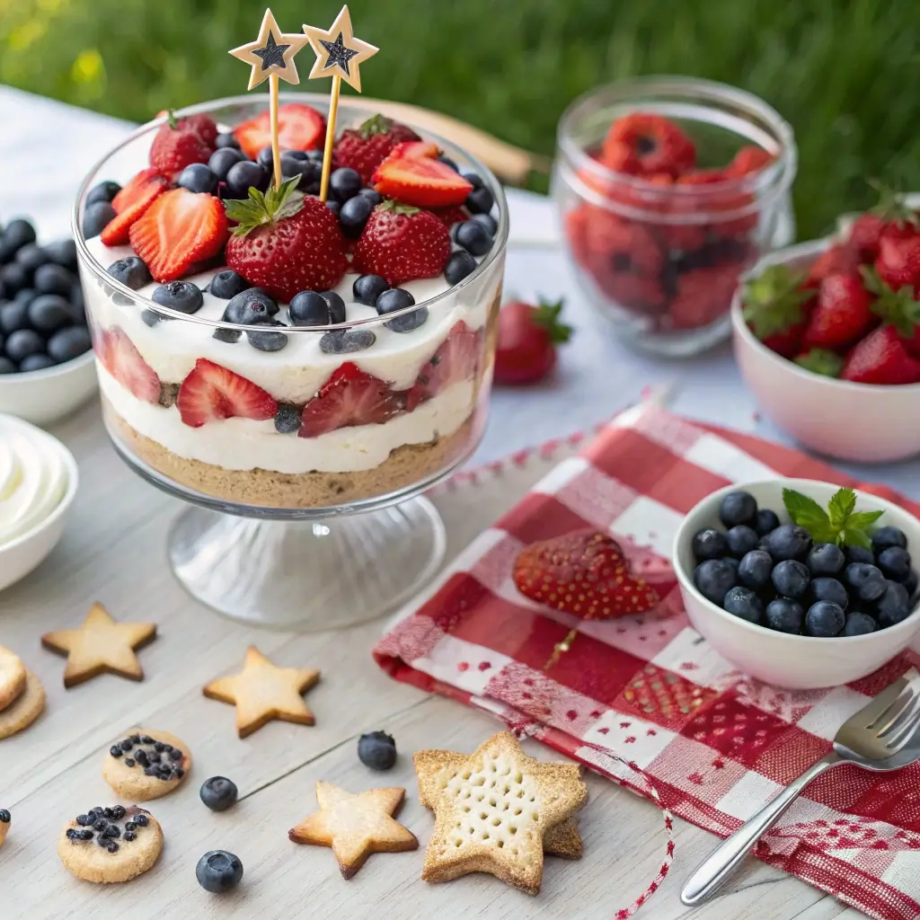 A vibrant 4th of July dessert table featuring layered berry trifle, patriotic cookies, and fruit skewers – a good dessert for the 4th of July.
