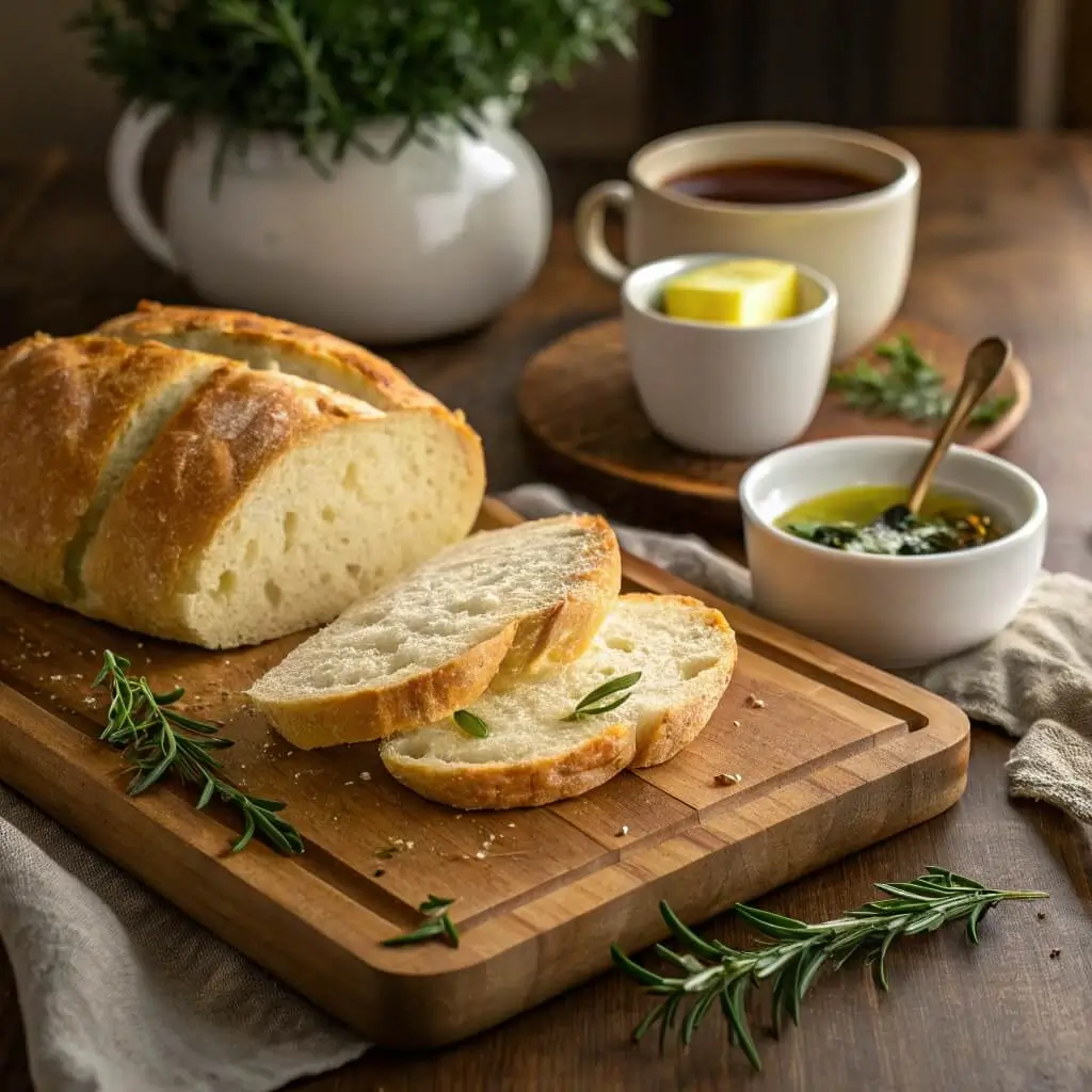 Freshly sliced air fryer no-knead bread served with butter and olive oil on a wooden board, ready to eat.

