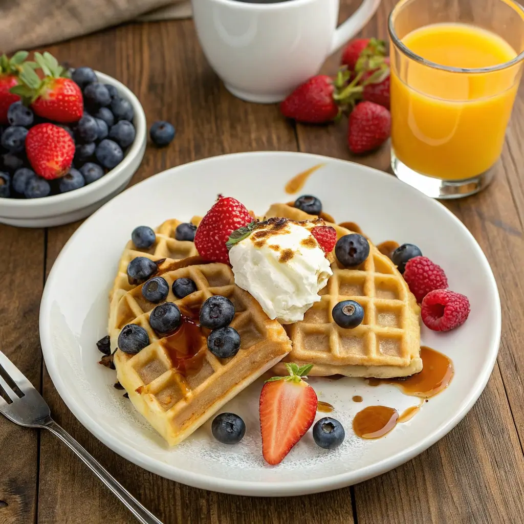 Buttermilk waffle served with fruits and whipped cream.