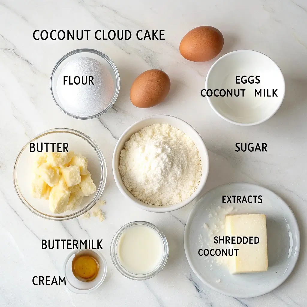 Coconut Cloud Cake ingredients on marble