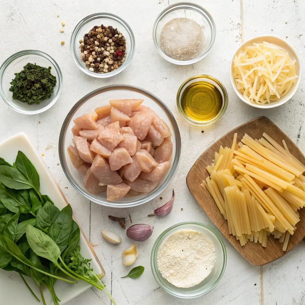 Collage showing step-by-step process of making one pot pasta with chicken from raw to finished creamy dish.


