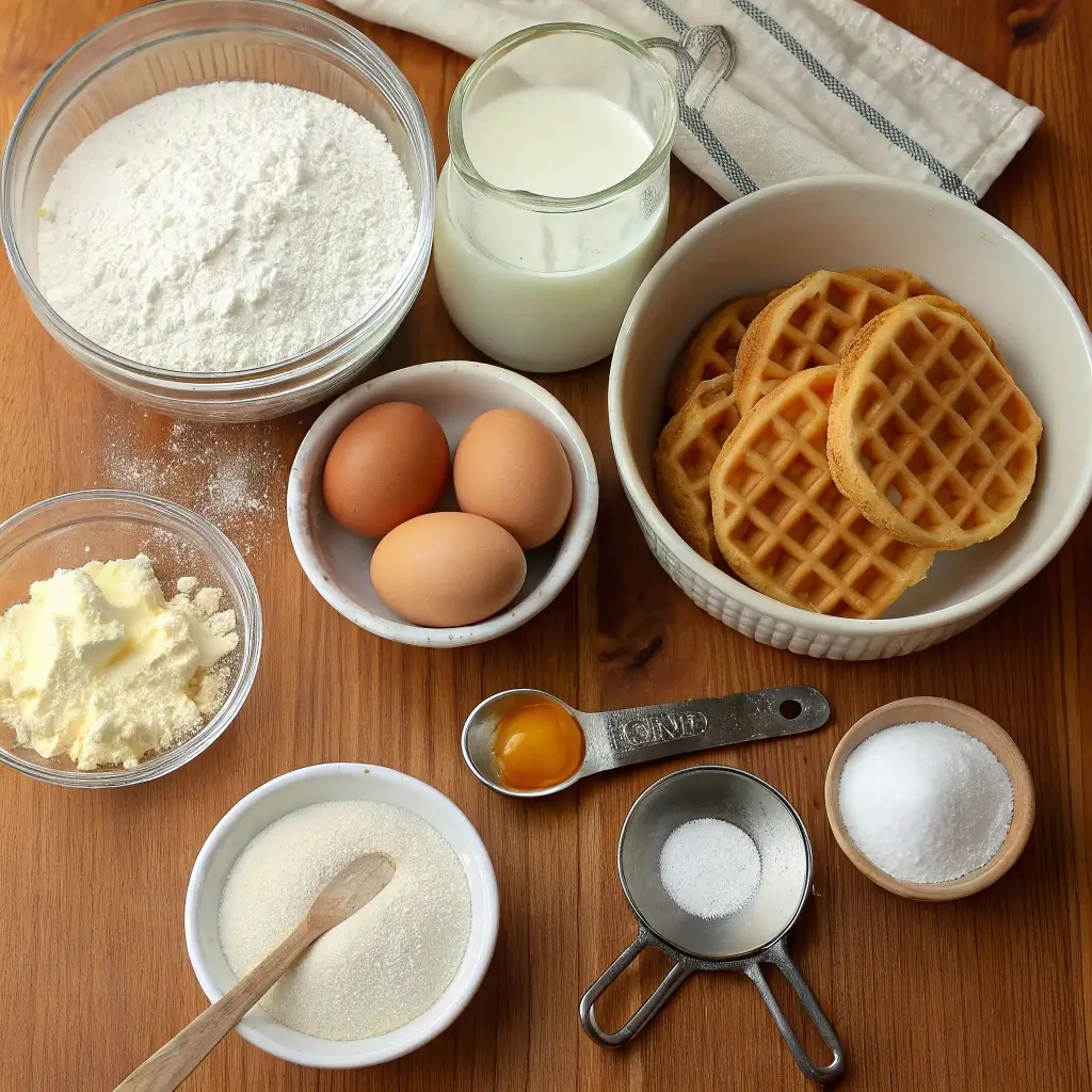 Buttermilk waffle ingredients in glass bowls.