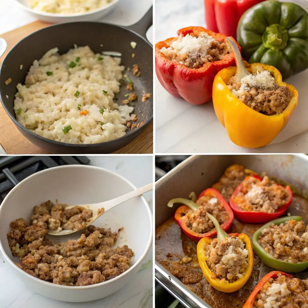 Step-by-step process of making sausage stuffed peppers