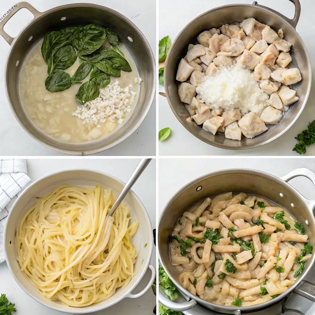 Cooking steps for one pot pasta with chicken: searing chicken, simmering pasta, adding cream and cheese.

