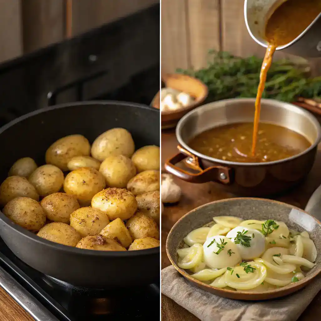 Step-by-step images of making smothered potatoes in a cozy kitchen.