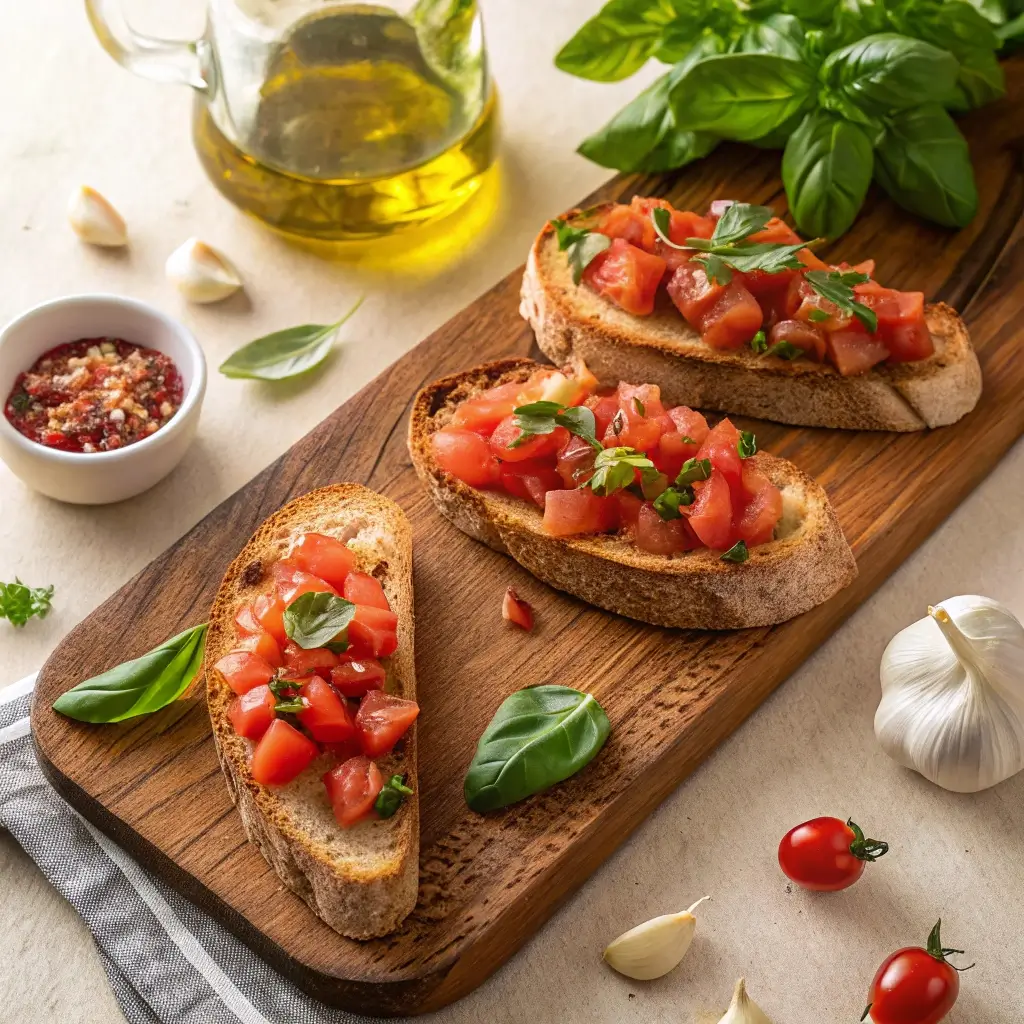 Classic Italian bruschetta served on a wooden board